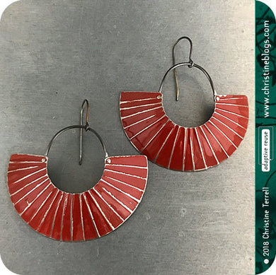 Deep Red Lined Crescent Moon Upcycled Tin Earrings