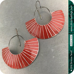 Deep Red Lined Crescent Moon Upcycled Tin Earrings