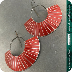 Deep Red Lined Crescent Moon Upcycled Tin Earrings