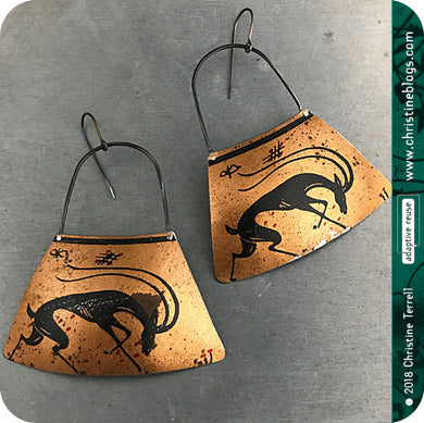 Black Antelope on Copper Zero Waste Tin Earrings by Christine Terrell for adaptive reuse jewelry
