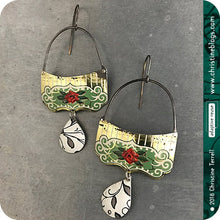 Load image into Gallery viewer, Red Roses on Green Upcycled Tin Earrings by Christine Terrell for adaptive reuse jewelry