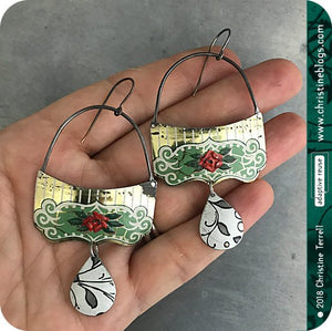 Red Roses on Green Upcycled Tin Earrings by Christine Terrell for adaptive reuse jewelry