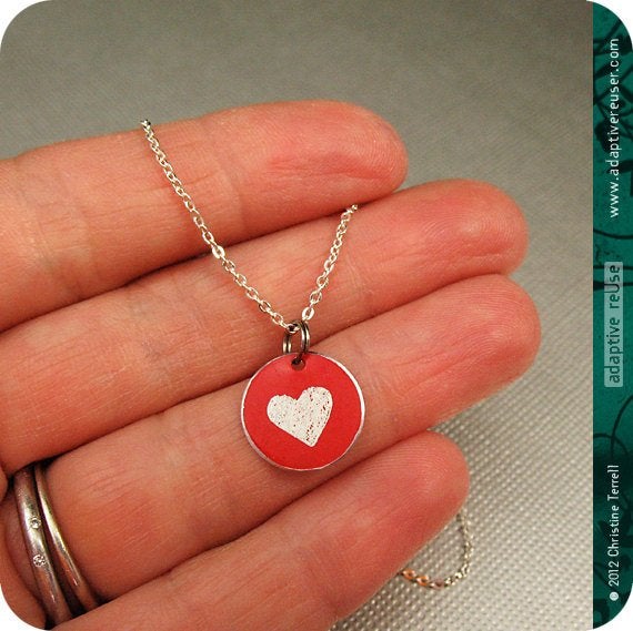Tiny Silver Etched Heart on Red Upcycled Necklace