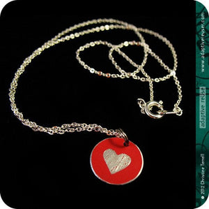 Tiny Silver Etched Heart on Red Upcycled Necklace