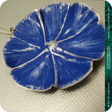 Load image into Gallery viewer, Deep Blue Flower Zero Waste Tin Necklace by Christine Terrell for adaptive reuse jewelry