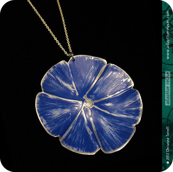 Deep Blue Flower Zero Waste Tin Necklace by Christine Terrell for adaptive reuse jewelry