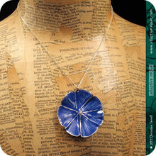 Load image into Gallery viewer, Deep Blue Flower Zero Waste Tin Necklace by Christine Terrell for adaptive reuse jewelry
