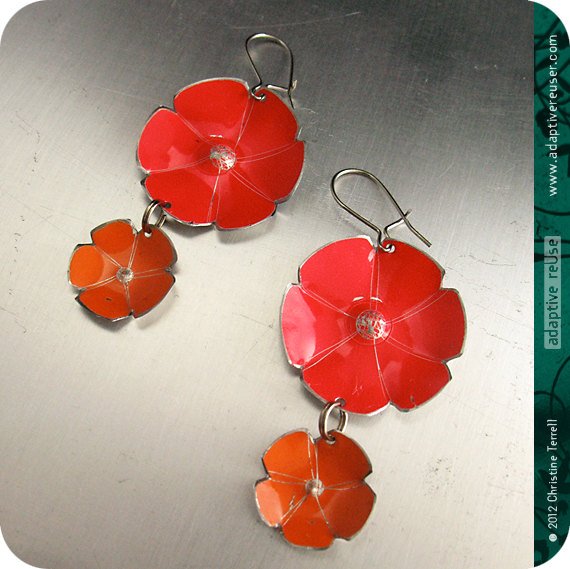 Red & Persimmon Orange Double Flower Ethical Tin Earrings 30th Birthday Gift