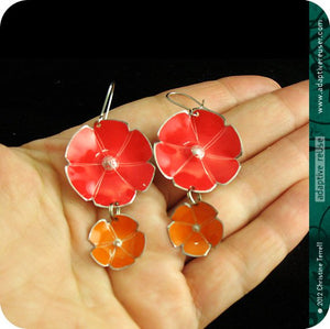Red & Persimmon Orange Double Flower Ethical Tin Earrings 30th Birthday Gift