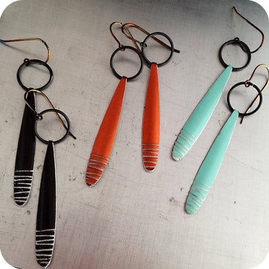 Matte Charcoal Silver Lined Long Teardrops Upcycled Tin Earrings