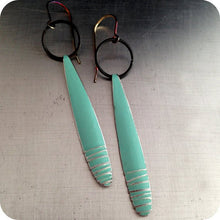 Load image into Gallery viewer, Cool Aqua Sea Long Teardrops Upcycled Tin Earrings