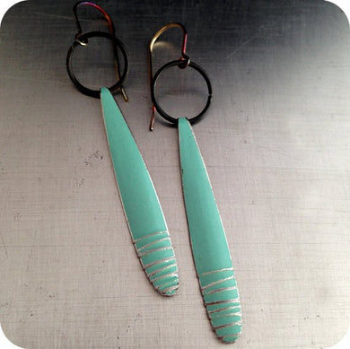 Cool Aqua Sea Long Teardrops Upcycled Tin Earrings