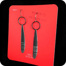 Load image into Gallery viewer, Matte Charcoal Silver Lined Long Teardrops Upcycled Tin Earrings