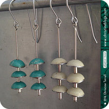 Load image into Gallery viewer, Turquiose Zen Chimes Upcycled Tin Earrings by Christine Terrell for adaptive reuse jewelry