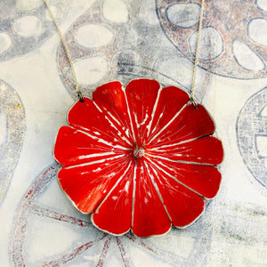 Bright Red Flower Blossom Upcycled Tin Necklace
