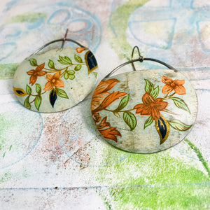 Vintage Orange Flowers Upcycled Circle Earrings