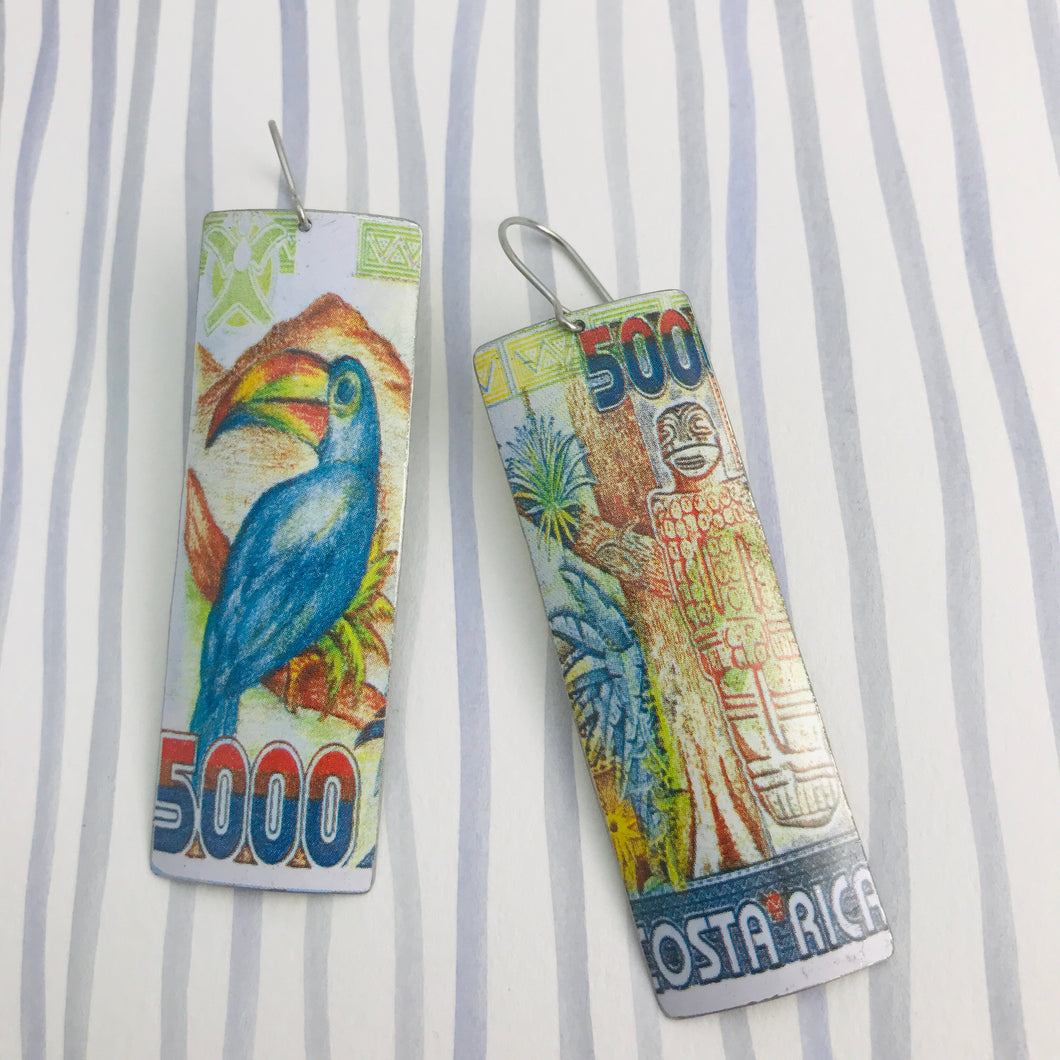 Costa Rica Currency Rectangle Upcycled Tin Earrings