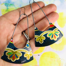 Load image into Gallery viewer, Golden Blossoms on Speckled Black Recycled Tin Earrings