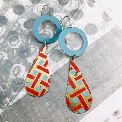 Vintage Blue & Red Lattice Long Tin Teardrops Earrings