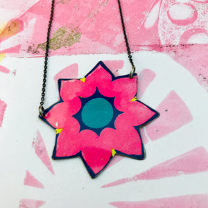 Bright Pink Blossom Upcycled Tin Necklace