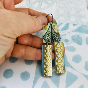 Golden Lattice & Vintage Blues Rectangles Recycled Tin Earrings