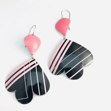 Load image into Gallery viewer, 80s Soft Pink Lines on Black Trefoil Upcyled Tin Earrings