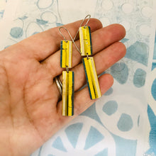 Load image into Gallery viewer, Golden Long Striped Pattern Recycled Tin Earrings