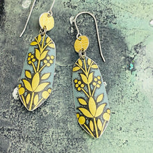 Load image into Gallery viewer, Golden Flowers on Washed Denim Upcycled Tin Earrings
