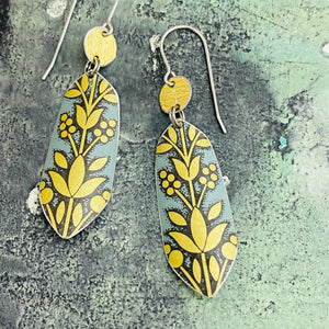 Golden Flowers on Washed Denim Upcycled Tin Earrings
