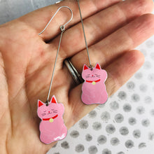 Load image into Gallery viewer, Little Lucky Cats in Pink Upcycled Tin Earrings