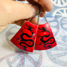 Load image into Gallery viewer, Chinese Dragons on Red Upcycled Tin Fans Earrings