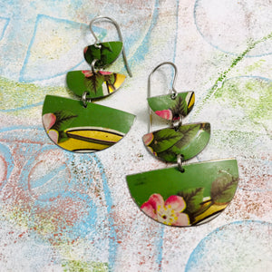 Pink Flowers on Gorgeous Green Stacked Half Moons Earrings