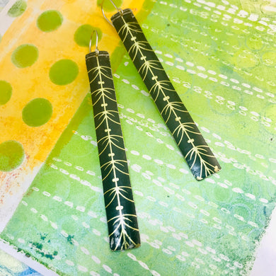 Black with Golden Linework Long Narrow Tin Earrings
