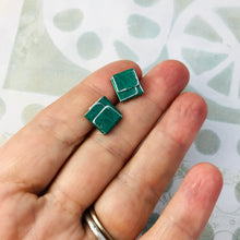 Load image into Gallery viewer, Emerald Green Folded Square Upcycled Tin Post Earrings