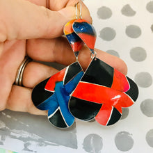 Load image into Gallery viewer, Bright Blue &amp; Scarlet Trefoil Upcyled Tin Earrings