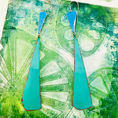 Bright Blue & Long Turquoise Narrow Kites Recycled Tin Earrings