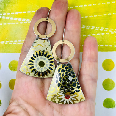 Charcoal Blossoms on Butter Small Fans Tin Earrings
