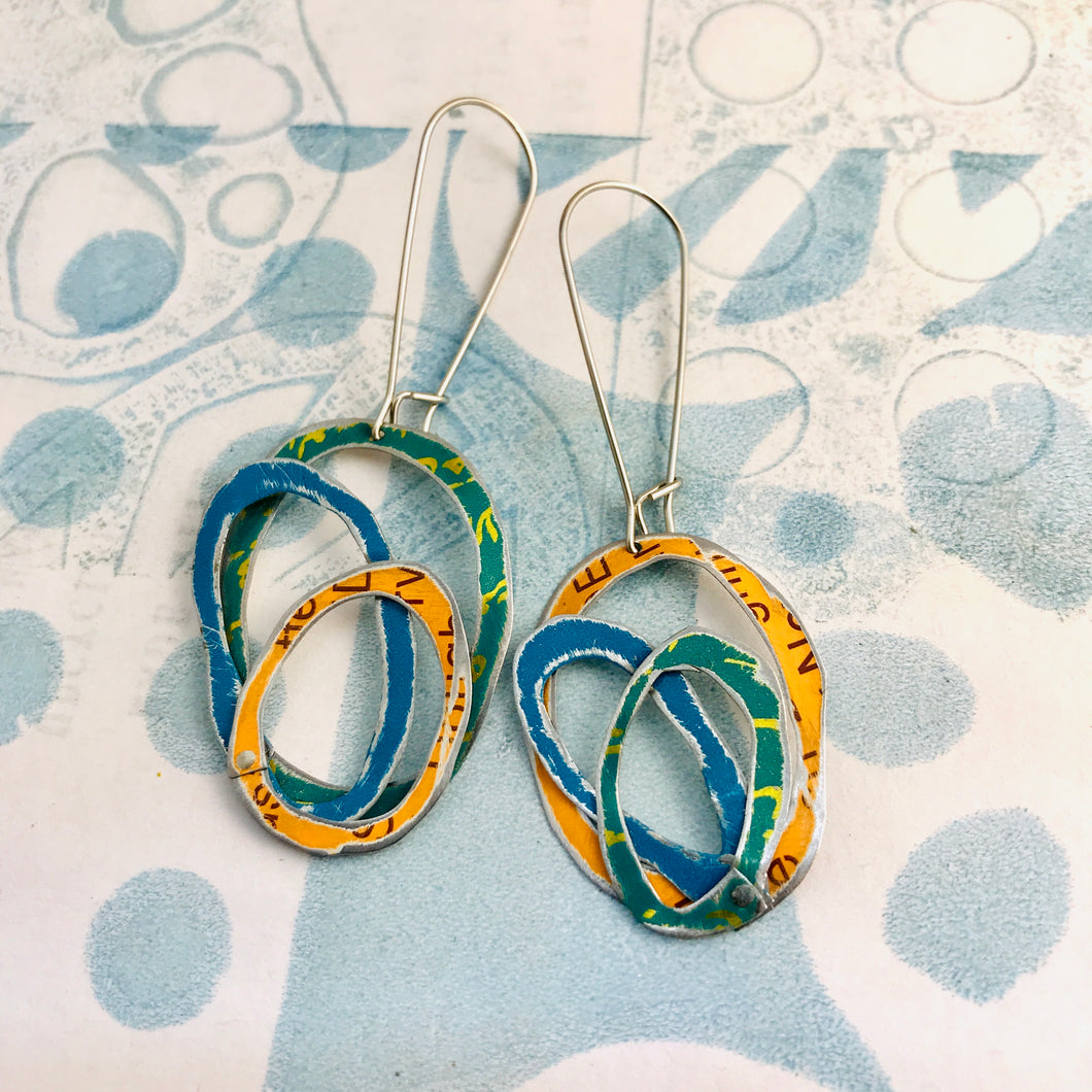 Teal, Lake & Melon Smaller Scribbles Upcycled Tin Earrings