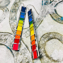 Load image into Gallery viewer, Rainbow Fenced Narrow Rectangle Tin Earrings