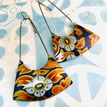 Load image into Gallery viewer, Fiery Leaves on Deep Cobalt Recycled Tin Earrings