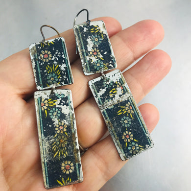 Vintage Flowers in Navy Narrow Rectangles Zero Waste Tin Earrings