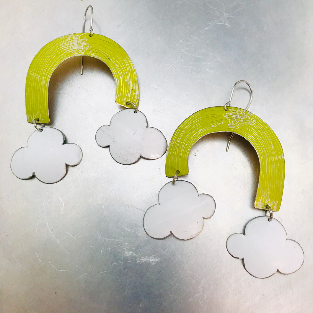 Rainbow and Clouds Typography Upcycled Tin Earrings by Christine Terrell for adaptive reuse jewelry