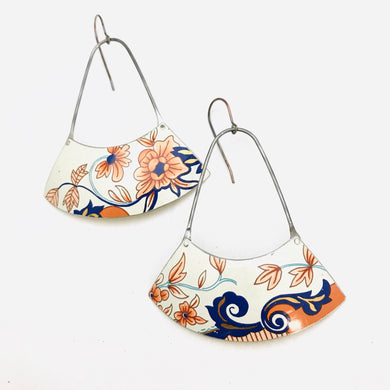 Vintage White with Peachy Pink Blossoms Large Fan Recycled Tin Earrings