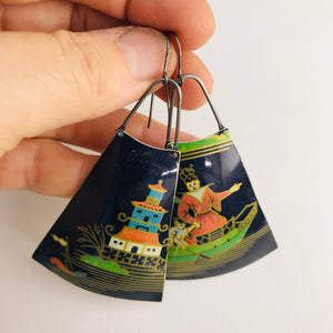 Pagoda Scene on Midnight Blue Upcycled Vintage Tin Long Fans Earrings