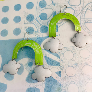 Chartreuse Green Etched Rainbows with Puffy Clouds Upcycled Tin Earrings