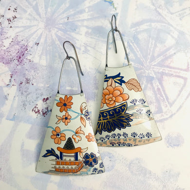 Stylized Springtime Upcycled Tin Long Fans Earrings