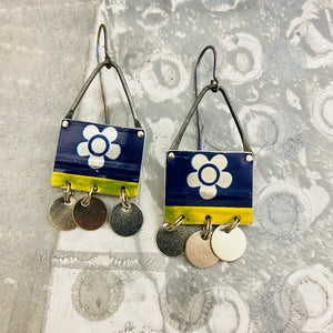 Silver Blossoms on Sapphire Rectdangles Upcycled Tin Earrings