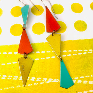 Gold, Turquoise & Coral Small Narrow Kites Recycled Tin Earrings