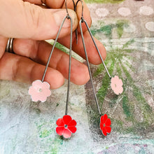 Load image into Gallery viewer, Tiny Pale Pink &amp; Red Flowers Upcycled Tin Earrings