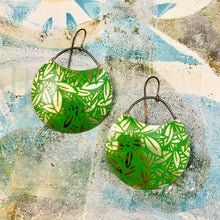 Load image into Gallery viewer, Mirrored Golden Bamboo Leaves Circles Upcycled Tin Earrings